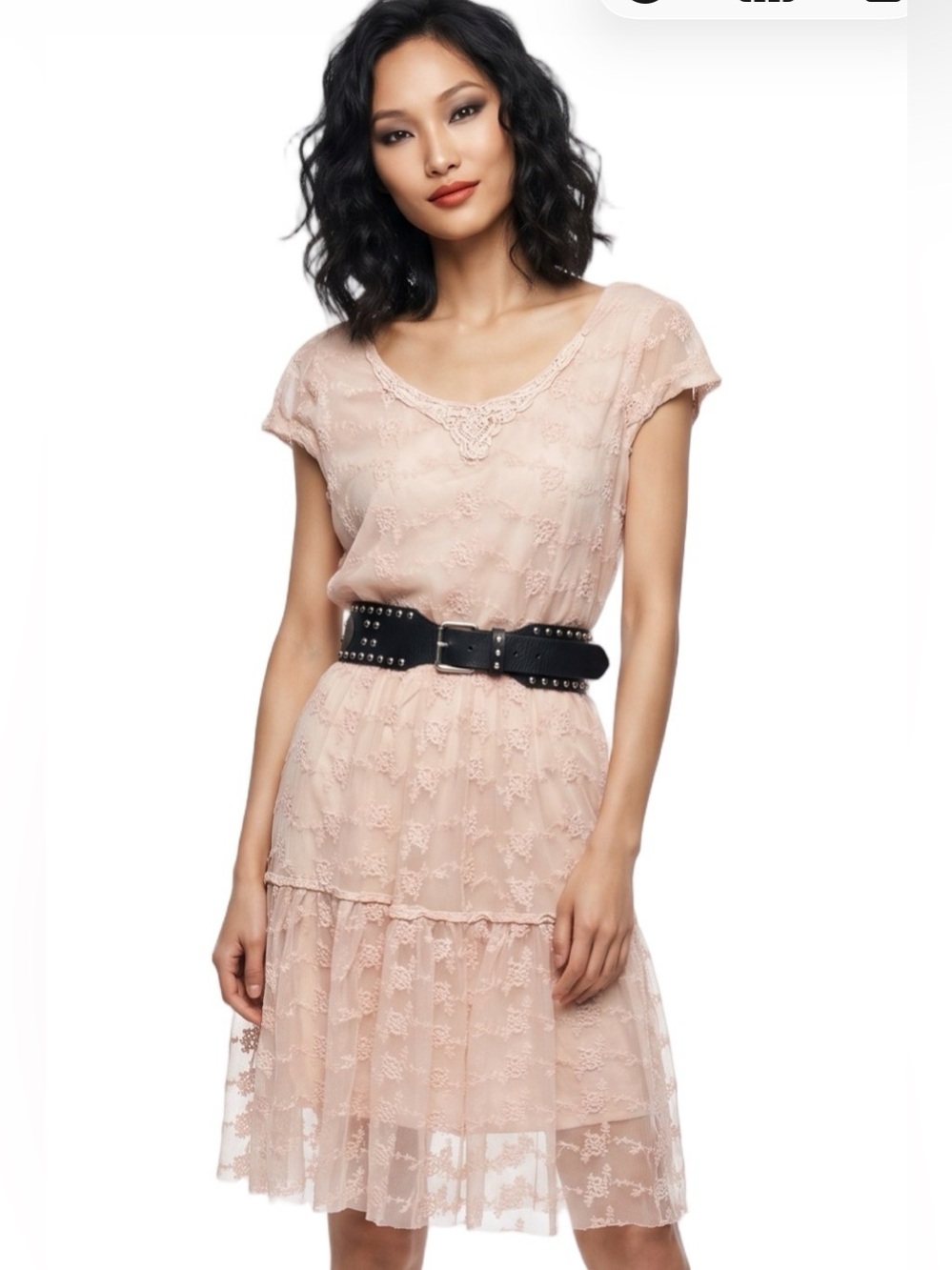 DOWNE EAST Pastel Pink Lace midi dress Scoop neck Short sleeve Costal Cowgirl